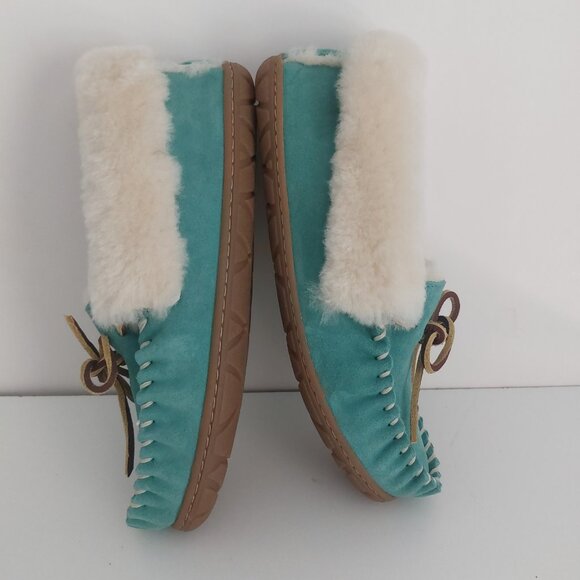 LL Bean Slippers Women 8 Teal Blue Suede Fur Lined Moccasins Cabincore Durable - Picture 11 of 15